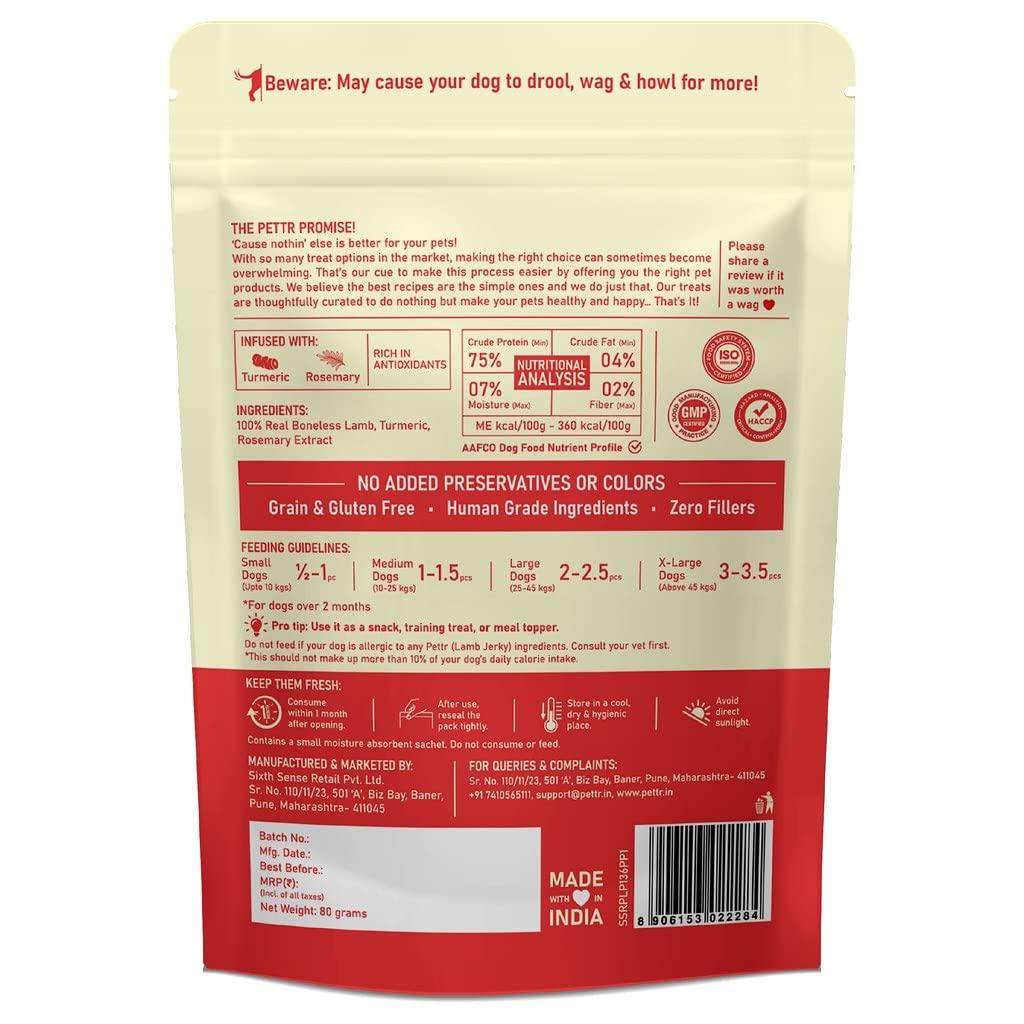 Pettr Farmland Meat Lamb Jerky for Dogs Puppy, 80g - Boneless Lamb, Turmeric & Rosemary Extract - Wiggles.in